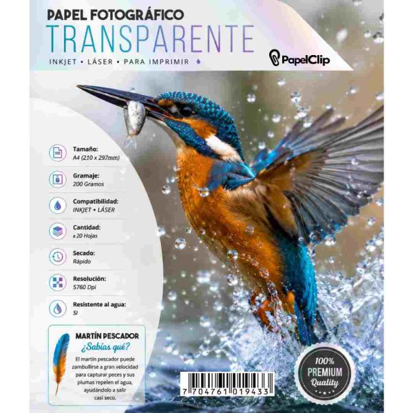 Paquete Fotografico Adhesivo Transparente A4 Inkjet - Laser x 20 Hojas Resistente Agua
