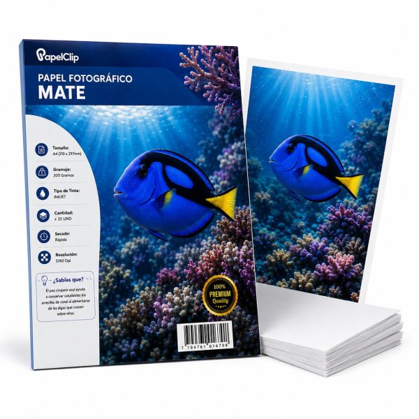 Papel fotográfico mate A4 200 g para impresora Inkjet PapelClip x 20 hojas.