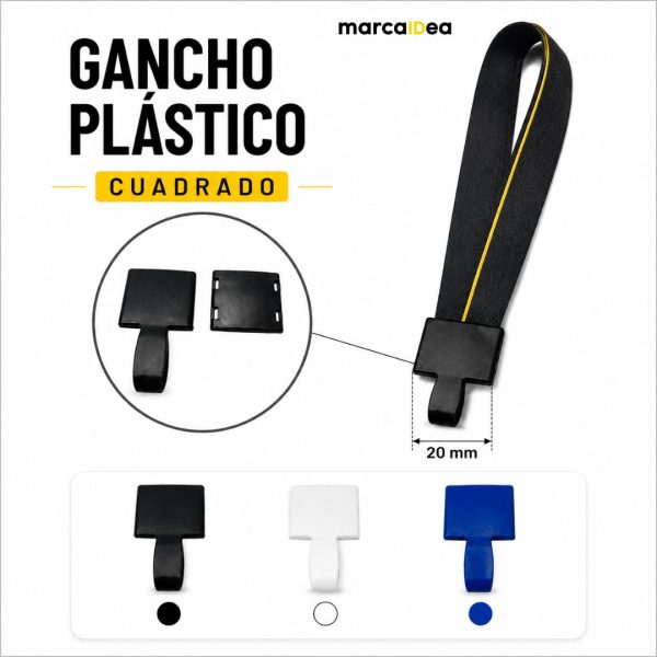 Mosquetón Plástico Cuadrado 2 cm x 50 Unid para lanyards disponible en negro, blanco y azul.