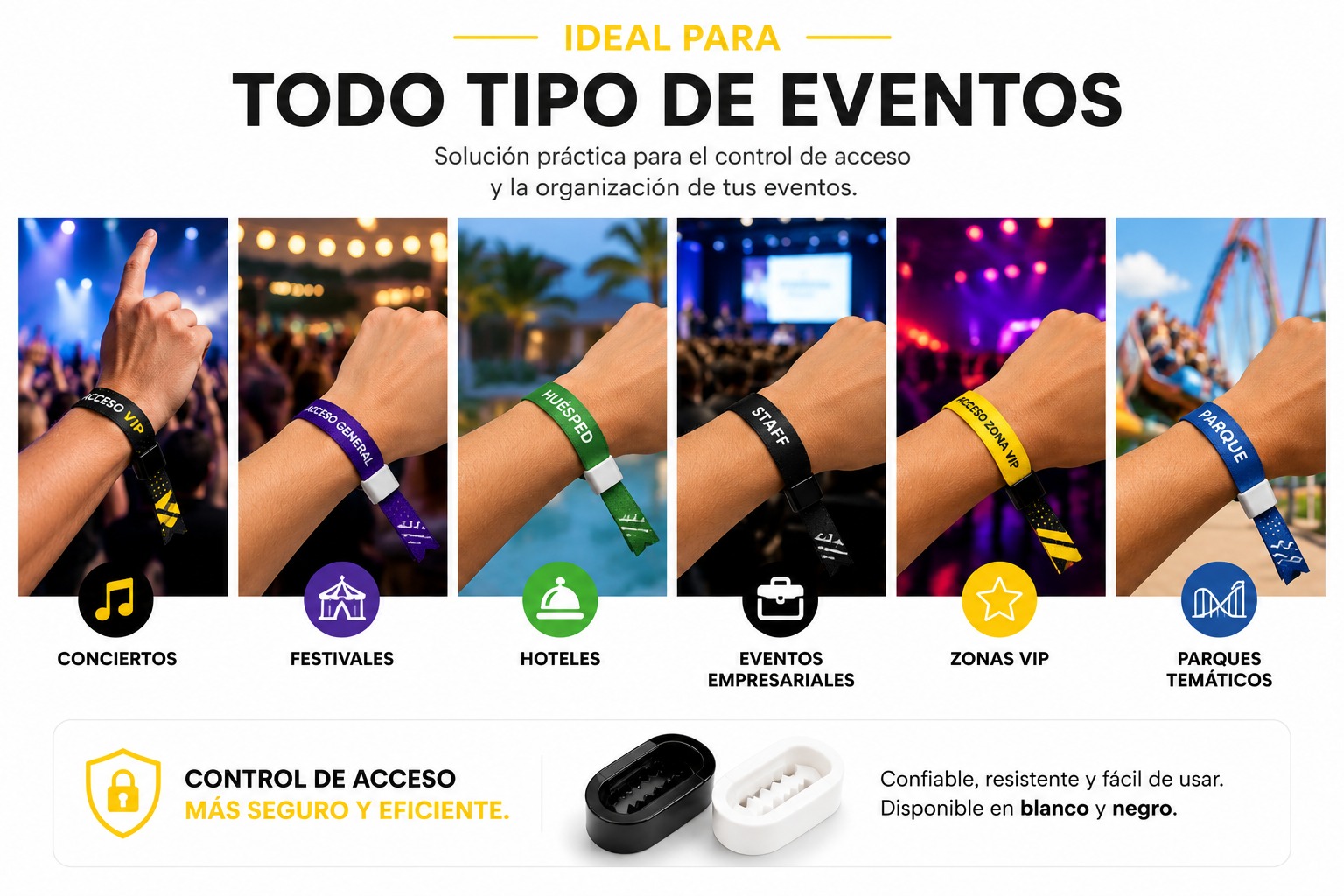 Gancho manilla no reversible para conciertos, festivales, hoteles, eventos empresariales, zonas VIP y parques