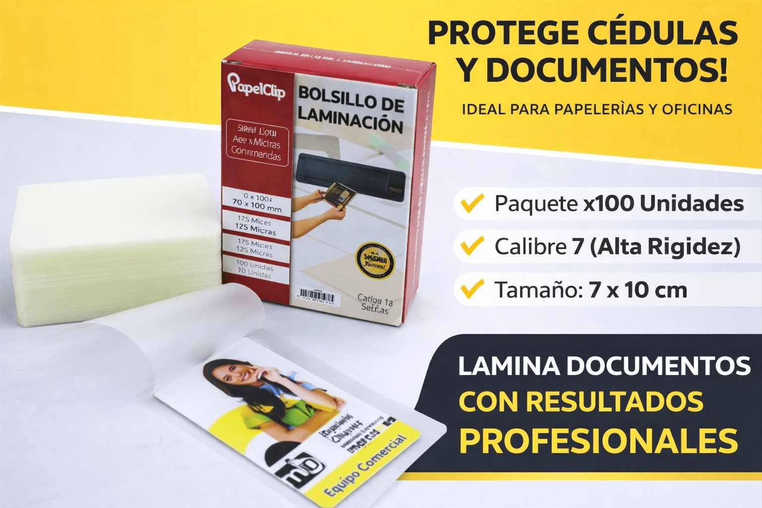 bolsillo laminacion cedula calibre 7 papelclip 7x10 cm paquete x100