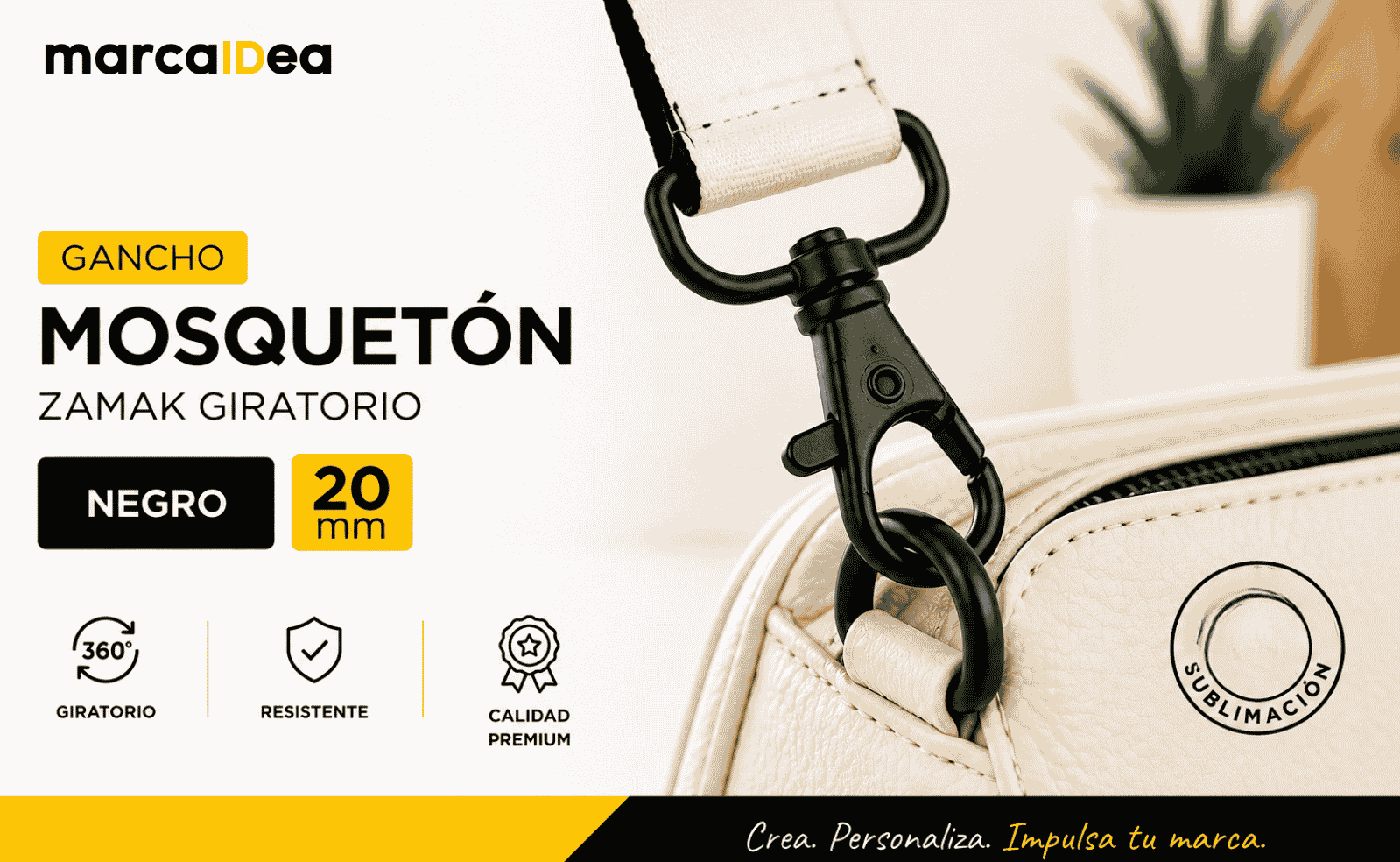 Gancho mosquetón giratorio Zamak negro 20 mm para bolsos y correas