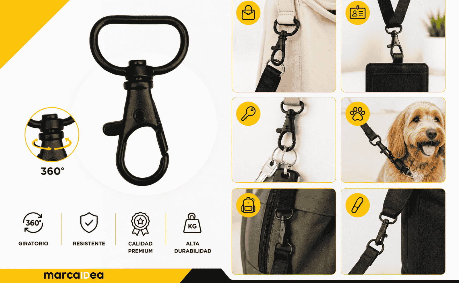 Gancho mosquetón giratorio negro 20 mm aplicado en lanyard